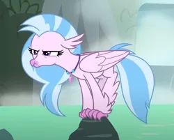 Size: 782x628 | Tagged: safe, derpibooru import, screencap, silverstream, classical hippogriff, hippogriff, what lies beneath, cropped, female, image, jewelry, necklace, png, silverstream is not amused, solo, unamused