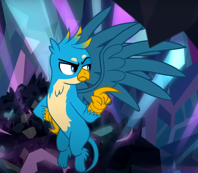 Size: 873x760 | Tagged: safe, derpibooru import, screencap, gallus, gryphon, what lies beneath, cropped, gallus is not amused, hand on hip, image, male, png, pointing, solo, spread wings, unamused, wings