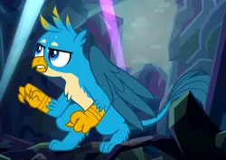 Size: 1088x769 | Tagged: safe, derpibooru import, screencap, gallus, gryphon, what lies beneath, cropped, image, lip bite, male, partially open wings, png, solo, sweat, sweatdrop, wings