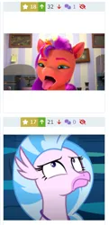 Size: 254x525 | Tagged: safe, derpibooru import, screencap, silverstream, sunny starscout, classical hippogriff, hippogriff, derpibooru, twibooru, my little pony: make your mark, uprooted, spoiler:g5, spoiler:my little pony: make your mark chapter 2, ali-conned, cropped, female, frown, g5, image, juxtaposition, looking up, meta, my little pony: make your mark chapter 2, png, solo, tongue out