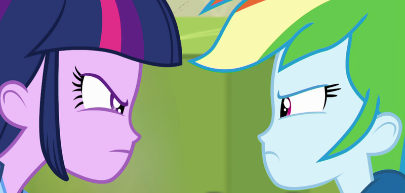 Size: 1152x550 | Tagged: safe, derpibooru import, rainbow dash, twilight sparkle, twilight sparkle (alicorn), alicorn, a queen of clubs, equestria girls, equestria girls (movie), equestria girls series, angry, duel, image, narrowed eyes, png, twilight sparkle is not amused, unamused