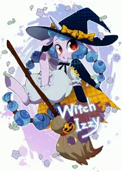 Size: 2825x3972 | Tagged: safe, artist:potetecyu_to, derpibooru import, izzy moonbow, pony, unicorn, broom, clothes, costume, cute, female, flying, flying broomstick, g5, halloween, halloween costume, hat, holiday, image, izzybetes, jpeg, mare, pigtails, solo, twintails, underhoof, witch, witch costume, witch hat