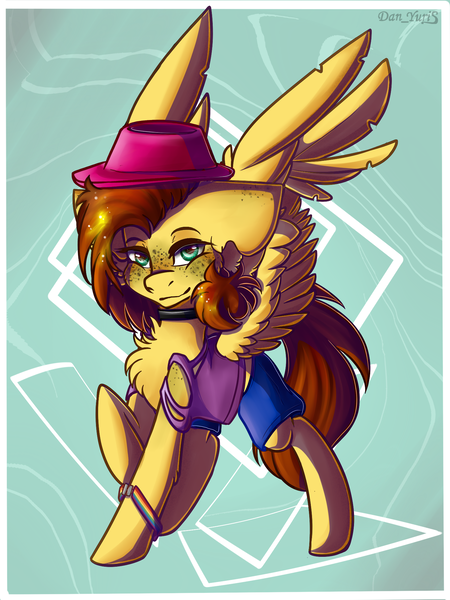 Size: 1500x2000 | Tagged: safe, artist:yuris, derpibooru import, oc, oc:yuris, unofficial characters only, pegasus, pony, abstract background, bisexual, bracelet, choker, clothes, cute, floppy ears, hat, image, jewelry, lgbt, pegasus oc, png, shorts, simple background, smiling, solo, wings