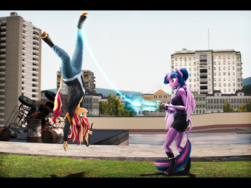 Size: 7200x5400 | Tagged: safe, artist:imafutureguitarhero, derpibooru import, sci-twi, sunset shimmer, twilight sparkle, twilight sparkle (alicorn), alicorn, anthro, classical unicorn, unguligrade anthro, unicorn, art pack:fun n games 2022, 3d, :i, absurd resolution, arm fluff, barrel, black bars, boots, cheek fluff, chin fluff, chromatic aberration, clothes, cloven hooves, colored eyebrows, colored eyelashes, crossover, crowbar, denim, duo, duo female, ear fluff, ear freckles, female, film grain, fluffy, fluffy hair, fluffy mane, fluffy tail, freckles, fur, gm construct, gmod, grin, horn, image, jacket, jeans, jpeg, leather, leather boots, leather jacket, leg fluff, leonine tail, lesbian, looking at each other, looking at someone, multicolored hair, multicolored mane, multicolored tail, neck fluff, outdoors, paintover, pants, peppered bacon, physgun, revamped anthros, revamped ponies, scitwilicorn, scitwishimmer, shipping, shirt, shoes, shorts, shoulder fluff, shoulder freckles, signature, smiling, source filmmaker, sunset shimmer is not amused, sunsetsparkle, tail, tail fluff, tanktop, this will end in death, this will end in pain, this will end in tears, this will end in tears and/or death, unamused, unshorn fetlocks, upside down, vulgar description, wall of tags, water, weapon, wings