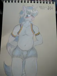 Size: 3120x4160 | Tagged: safe, artist:tai kai, derpibooru import, oc, unofficial characters only, anthro, unicorn, anthro oc, arm behind back, belly button, blushing, clothes, gay pride flag, high res, horn, image, jpeg, partial nudity, pride, pride flag, shorts, simple background, straps, topless, unicorn oc