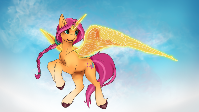 Size: 3840x2160 | Tagged: safe, artist:tenebrisnoctus, derpibooru import, sunny starscout, alicorn, pony, my little pony: a new generation, 4k, artificial horn, artificial wings, augmented, female, flying, g5, high res, horn, image, magic, magic horn, magic wings, mare, png, race swap, solo, sunnycorn, wings