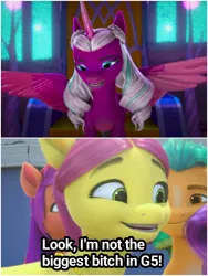 Size: 1500x1999 | Tagged: safe, derpibooru import, edit, edited screencap, screencap, opaline, posey (g5), alicorn, pony, my little pony: make your mark, my little pony: make your mark chapter 2, spoiler:g5, spoiler:my little pony: make your mark, spoiler:my little pony: make your mark chapter 2, butch, female, g5, image, izzy does it, jpeg, mare, solo, vulgar