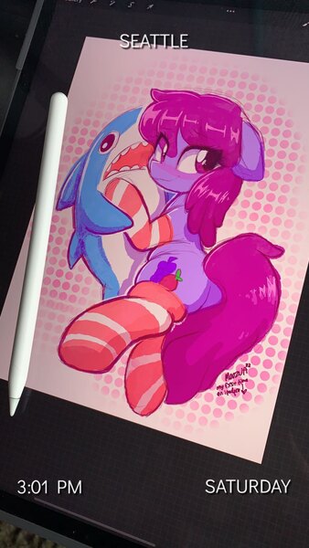 Size: 960x1706 | Tagged: safe, artist:moozua, derpibooru import, berry punch, berryshine, shark, blåhaj, image, jpeg, shark plushie, solo