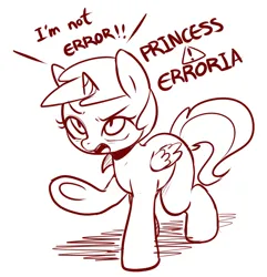 Size: 672x698 | Tagged: safe, artist:maren, derpibooru import, alula, pluto, princess erroria, alicorn, pony, 2015, 4chan, angry, dialogue, doodle, female, filly, foal, image, monochrome, old art, open mouth, png, raised hoof, solo