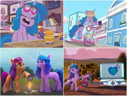 Size: 1992x1496 | Tagged: safe, derpibooru import, edit, edited screencap, screencap, izzy moonbow, sunny starscout, my little pony: make your mark, my little pony: tell your tale, spoiler:g5, spoiler:my little pony: make your mark, spoiler:my little pony: make your mark chapter 2, spoiler:my little pony: tell your tale, spoiler:tyts01e13, continuity error, dumpster diving, g5, image, izzy does it, jpeg, lantern, my little pony: make your mark chapter 2