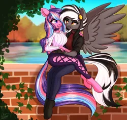Size: 3800x3600 | Tagged: safe, artist:mxiiisy, derpibooru import, oc, oc:serenity pond, oc:zephyrai, unofficial characters only, anthro, earth pony, pegasus, accessory, autumn, black and white mane, brick wall, choker, clothes, complex background, duo, duo female, eyeshadow, female, grin, hair tie, hairpin, hand on arm, hand on hip, hand on shoulder, hoof fluff, image, jacket, lake, leaves, long hair, looking at each other, looking at someone, makeup, multicolored hair, multicolored tail, png, purple eyes, sitting, sitting on lap, smiling, spread wings, sweatshirt, tail, vine, water, watermark, wings, yellow eyes