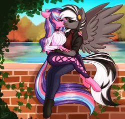 Size: 3800x3600 | Tagged: safe, artist:mxiiisy, derpibooru import, oc, oc:serenity pond, oc:zephyrai, unofficial characters only, anthro, earth pony, pegasus, accessory, autumn, black and white mane, brick wall, choker, clothes, complex background, duo, duo female, eyes closed, eyeshadow, female, hair tie, hairpin, hand on arm, hand on hip, hand on shoulder, hoof fluff, image, jacket, kissing, lake, leaves, long hair, makeup, multicolored hair, multicolored tail, png, sitting, sitting on lap, spread wings, sweatshirt, tail, vine, water, watermark, wings