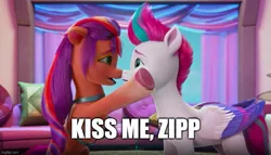 Size: 873x500 | Tagged: episode needed, safe, derpibooru import, edit, edited screencap, screencap, sunny starscout, zipp storm, earth pony, pegasus, pony, my little pony: make your mark, my little pony: make your mark chapter 2, spoiler:g5, spoiler:my little pony: make your mark chapter 2, face to face, female, g5, holding, image, imminent kissing, jpeg, lesbian, meme, shipping