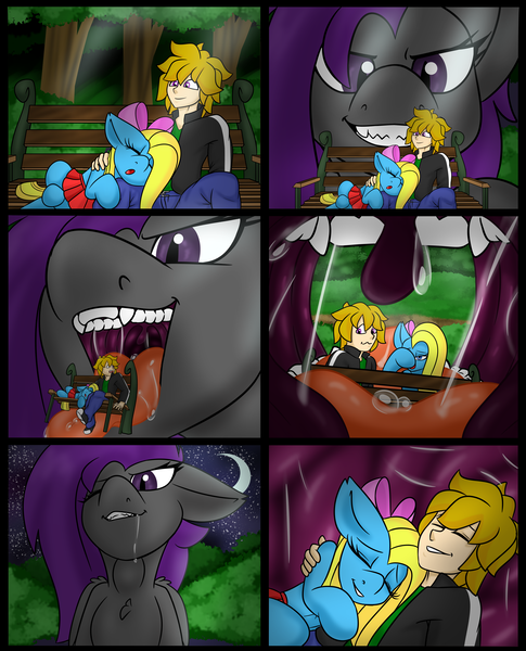 Size: 5250x6500 | Tagged: questionable, artist:noblebrony317, derpibooru import, oc, oc:cuteamena, oc:eis, oc:fritzy, unofficial characters only, dracony, dragon, earth pony, human, hybrid, :3, bench, bow, comic, drool, drool string, hair bow, image, lying down, mawshot, open mouth, park, park bench, patting, png, sitting, sleeping, stomach, swallowing, throat bulge, tongue out, uvula, vore, waking up