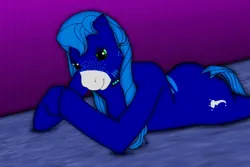 Size: 850x567 | Tagged: safe, derpibooru import, oc, oc:annette (g1), oc:annette (lewdpone), unofficial characters only, butt, choker, cutie mark, g1, image, jpeg, looking at you, lying down, lying on the floor, on floor