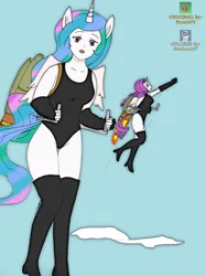 Size: 773x1033 | Tagged: safe, artist:devluca17, artist:yami071, derpibooru import, princess celestia, rarity, alicorn, anthro, alicornified, clothes, happy, image, jetpack, jpeg, leotard, looking at you, race swap, raricorn, sky, sky background