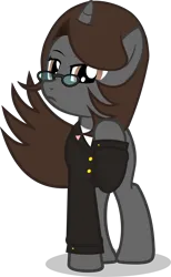 Size: 4565x7424 | Tagged: safe, artist:duskyzombie, derpibooru import, oc, oc:sonata, pony, unicorn, clothes, elements of justice, female, glasses, image, looking at you, mare, png, simple background, solo, suit, transparent background, turnabout storm, vector