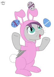 Size: 2500x3515 | Tagged: safe, artist:mihay, derpibooru import, oc, oc:ebony rain, unofficial characters only, bat pony, pony, animal costume, bat pony oc, bat wings, bunny costume, clothes, commission, costume, easter, easter bunny, easter egg, female, fluffy tail, holiday, image, png, slit pupils, smiling, solo, tail, wings, ych result, your character here