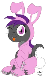 Size: 1632x2650 | Tagged: safe, artist:mihay, derpibooru import, oc, oc:fritzy, unofficial characters only, dracony, dragon, hybrid, pony, ;p, animal costume, bunny costume, bunny ears, claws, clothes, costume, easter, female, fluffy tail, holiday, image, looking at you, one eye closed, png, solo, tail, tongue out, torn clothes, whiskers, wink, winking at you