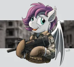 Size: 1920x1735 | Tagged: safe, artist:buckweiser, derpibooru import, oc, oc:ebony rain, bat pony, bat pony oc, bat wings, commission, female, gun, image, p90, png, solo, submachinegun, weapon, wings, ych result, your character here