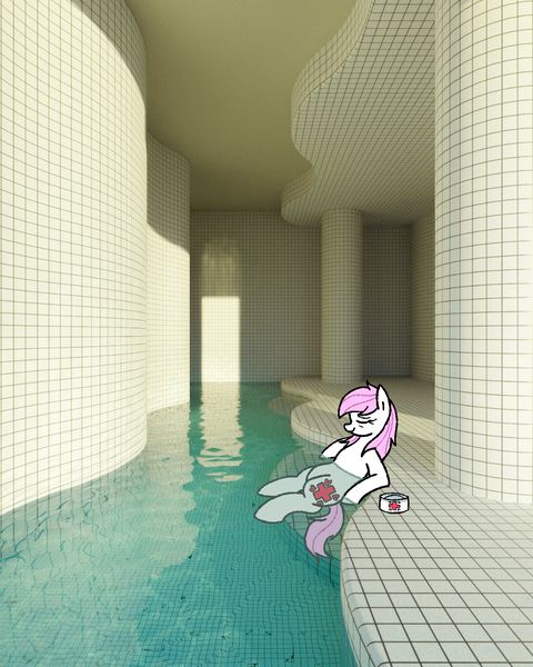 Size: 1000x1250 | Tagged: safe, artist:legendoflink, derpibooru import, nurse redheart, earth pony, pony, bags under eyes, eyes closed, female, image, liminal space, loose hair, mane down, mare, png, poolrooms, relaxing, solo, solo female, swimming pool, water