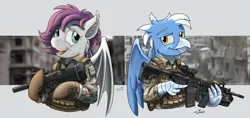 Size: 3674x1735 | Tagged: safe, artist:buckweiser, derpibooru import, oc, oc:ebony rain, oc:frost wing, unofficial characters only, assault rifle, clothes, commission, couple, female, gun, image, m4, male, military, military uniform, p90, png, rifle, submachinegun, uniform, weapon, ych result, your character here