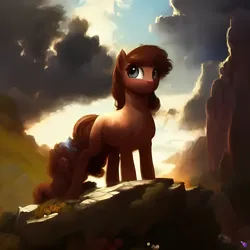 Size: 2048x2048 | Tagged: safe, derpibooru import, machine learning generated, purplesmart.ai, stable diffusion, oc, unnamed oc, unofficial characters only, earth pony, pony, brown coat, brown mane, cloud, earth pony oc, female, image, looking up, mare, outdoors, png, sky, solo, standing, sunlight