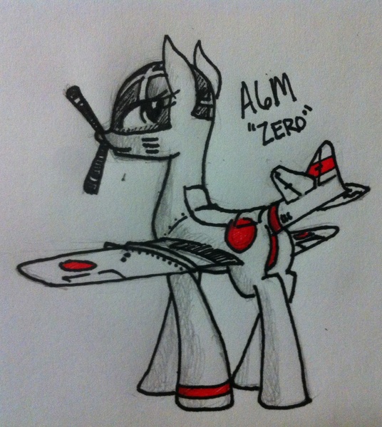 Size: 1728x1936 | Tagged: artist needed, safe, derpibooru import, oc, unofficial characters only, original species, plane pony, pony, a6m zero, a6m2 zero, butt, cute, female, gray eyes, image, japanese, jpeg, looking at you, mare, marker drawing, moon runes, ocbetes, plane, plot, propeller, roundel, smiling, solo, spread wings, text, traditional art, walking, wings