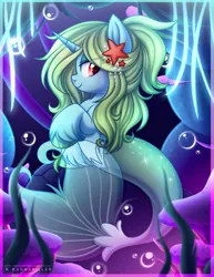 Size: 1257x1627 | Tagged: safe, artist:kannakiller, derpibooru import, oc, unofficial characters only, hybrid, mermaid, merpony, pony, seapony (g4), starfish, unicorn, blushing, bubble, commission, corals, cute, digital art, female, fish tail, flowing tail, full body, glow, hooves, horn, image, looking at you, mare, mermaid tail, neon, ocean, pearl, png, seaponified, seaquestria, seaweed, shine, smiling, solo, species swap, swimming, tail, underwater, unshorn fetlocks, water, ych result