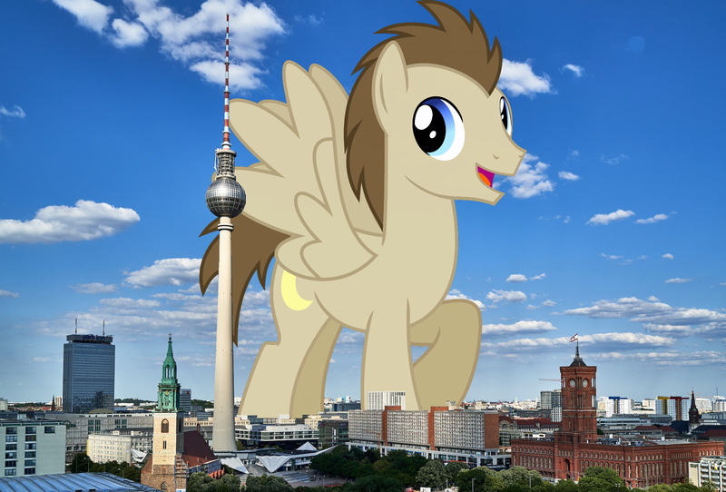 Size: 1920x1300 | Tagged: safe, artist:chainchomp2 edits, artist:jaredking779, derpibooru import, edit, crescent pony, mane moon, pegasus, pony, background pony, berlin, germany, giant pegasus, giant pony, highrise ponies, image, irl, jpeg, looking at you, macro, male, mega giant, open mouth, photo, ponies in real life, smiling, solo, spread wings, stallion, wings