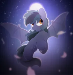 Size: 3512x3592 | Tagged: safe, artist:mochi_nation, derpibooru import, oc, oc:scrimmy, unofficial characters only, bat pony, pony, bat pony oc, bat wings, commission, eye clipping through hair, full moon, heterochromia, high res, image, jpeg, male, moon, night, solo, spread wings, stallion, wings