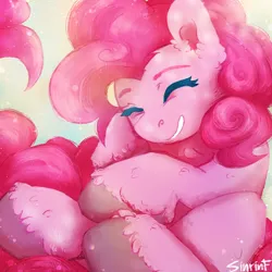 Size: 2480x2480 | Tagged: safe, artist:sinrinf, derpibooru import, pinkie pie, earth pony, pony, curly hair, cute, derpibooru exclusive, ear fluff, eyes closed, female, image, mare, png, simple background, smiling, solo, unshorn fetlocks