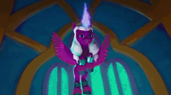 Size: 720x404 | Tagged: safe, derpibooru import, screencap, opaline, alicorn, pony, unicorn, g5, my little pony: make your mark, my little pony: make your mark chapter 2, spoiler:g5, spoiler:my little pony: make your mark, spoiler:my little pony: make your mark chapter 2, absurd file size, absurd gif size, animated, duo, duo female, evil laugh, eyes closed, female, fire, gif, glow, glowing wings, have you seen this dragon?, image, laughing, mare, misty brightdawn, power, scared, spread wings, wings, yes, youtube link