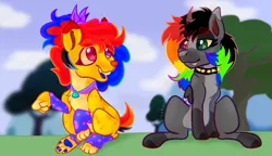 Size: 1115x643 | Tagged: safe, artist:thatonefluffs, derpibooru import, oc, oc:babybelle, oc:cringecore, alicorn, classical unicorn, earth pony, hybrid, original species, pony, unicorn, pony town, background, bear pony, chest fluff, chew toy, clothes, cloven hooves, clowncore, collar, colorful, duo, ear fluff, emo, eyeshadow, fangs, horn, image, kidcore, leonine tail, makeup, paws, png, scene, scenecore, sharp horn, socks, spiked collar, stim toy, unshorn fetlocks