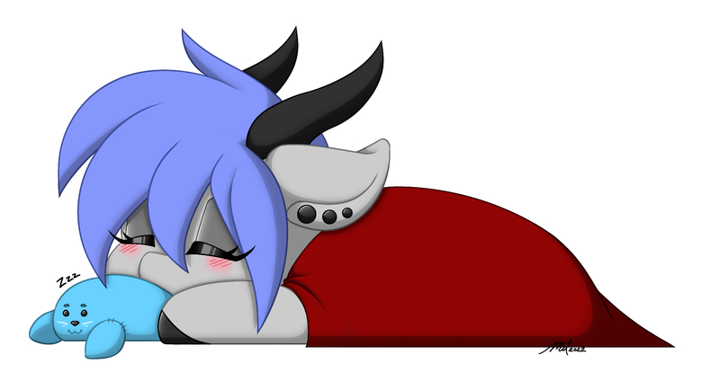 Size: 1812x937 | Tagged: safe, artist:melodytheartpony, derpibooru import, oc, oc:melody silver, dracony, dragon, hybrid, pony, seal, blanket, blushing, cute, female, feral, horns, image, piercing, plushie, png, signature, simple background, sleeping, white background