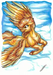 Size: 2457x3424 | Tagged: safe, artist:lupiarts, derpibooru import, spitfire, cloud, drawing, female, flying, image, jpeg, markers, simple background, sky, solo, solo female, spread wings, traditional art, wings