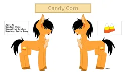 Size: 3000x1799 | Tagged: safe, artist:melodytheartpony, derpibooru import, oc, oc:candy corn, earth pony, aroace, candy, candy corn, chest fluff, facial hair, feral, food, image, male, png, reference sheet, signature, simple background, smiling, white background