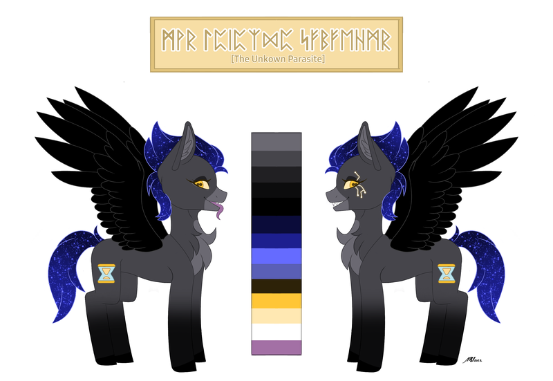 Size: 3000x2067 | Tagged: safe, artist:melodytheartpony, derpibooru import, oc, oc:parasite, oc:the unknown parasite, pegasus, feral, futa, herm, hourglass, image, intersex, markings, odd pupils, parasite, png, reference sheet, signature, simple background, stars, white background