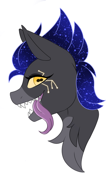 Size: 1524x2500 | Tagged: safe, artist:melodytheartpony, derpibooru import, oc, oc:parasite, oc:the unknown parasite, pegasus, bust, carnivore, feral, futa, herm, image, intersex, long tongue, looking at you, markings, odd pupils, parasite, png, pointy teeth, signature, simple background, stars, tongue out, white background