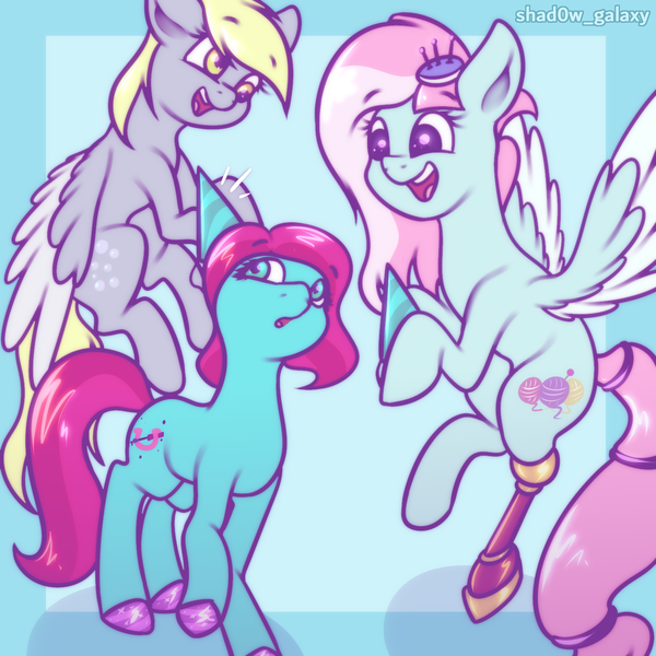 Size: 1500x1500 | Tagged: safe, artist:shad0w-galaxy, derpibooru import, derpy hooves, kerfuffle, earth pony, pegasus, pony, my little pony: make your mark, my little pony: make your mark chapter 2, amputee, cute, female, flying, g4, g5, hooves, image, jazz (g5), mare, open mouth, peg leg, png, prosthetic leg, prosthetic limb, prosthetics, raised hoof, simple background, smiling