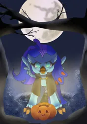 Size: 1448x2048 | Tagged: safe, artist:snowflake_pone, derpibooru import, oc, oc:sea lilly, unofficial characters only, classical hippogriff, hippogriff, vampire, >:3, clothes, commission, costume, fangs, fog, halloween, halloween costume, holiday, image, jpeg, moon, pumpkin bucket, tree, ych result
