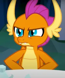 Size: 609x724 | Tagged: safe, derpibooru import, screencap, smolder, dragon, what lies beneath, cropped, dragoness, female, hand on hip, image, png, smolder is not amused, solo, unamused