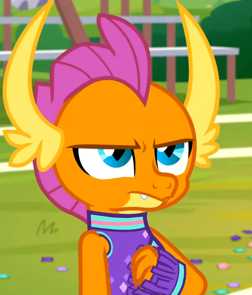 Size: 768x896 | Tagged: safe, derpibooru import, screencap, smolder, dragon, 2 4 6 greaaat, cheerleader, cheerleader outfit, cheerleader smolder, clothes, cropped, dragoness, female, image, png, smolder is not amused, solo, unamused