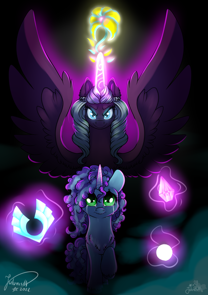 Size: 1447x2046 | Tagged: safe, artist:julunis14, derpibooru import, opaline, alicorn, pony, unicorn, g5, my little pony: make your mark, spoiler:g5, spoiler:my little pony: make your mark, flower, glow, glowing eyes, green eyes, image, misty brightdawn, ocean lily, png