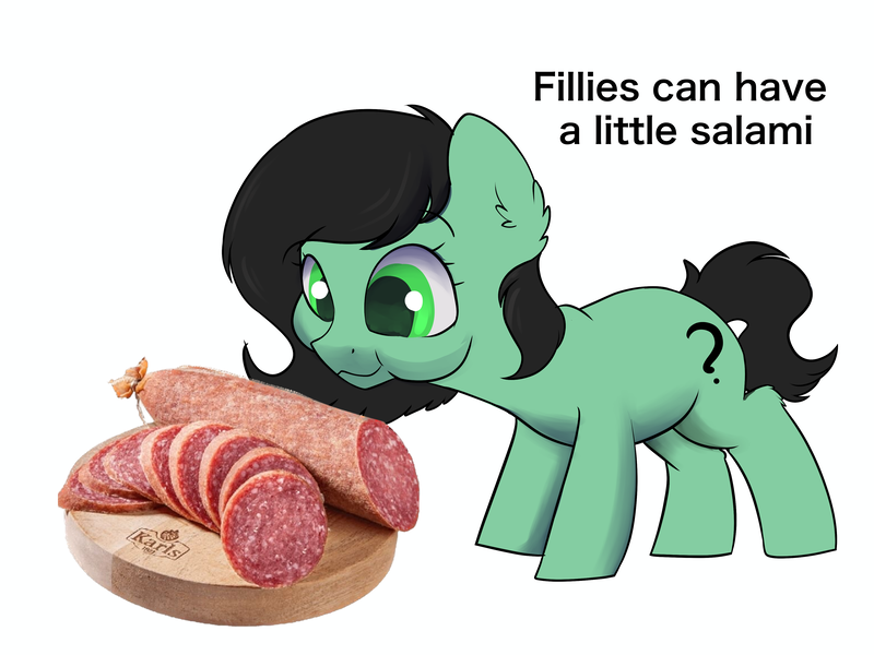 Size: 4000x3000 | Tagged: safe, artist:dumbwoofer, derpibooru import, oc, oc:anonfilly, earth pony, pony, cheek bulge, ear fluff, earth pony oc, eating, female, filly, food, full mouth, image, meat, meme, png, ponies eating meat, pudgy, salami, simple background, solo, text, white background