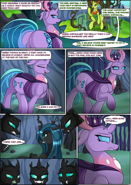 Size: 2893x4092 | Tagged: safe, artist:novaspark, derpibooru import, part of a set, queen chrysalis, thorax, oc, oc:sektiss, changedling, changeling, changeling queen, changedling oc, changeling oc, comic, female, image, king thorax, mesosoma, png, queen mesosoma, rule 63