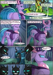 Size: 2893x4092 | Tagged: safe, artist:novaspark, derpibooru import, part of a set, queen chrysalis, thorax, oc, oc:sektiss, changedling, changeling, changeling queen, changedling oc, changeling oc, comic, female, image, king thorax, mesosoma, png, queen mesosoma, rule 63