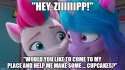 Size: 888x499 | Tagged: safe, derpibooru import, edit, edited screencap, screencap, izzy moonbow, zipp storm, pegasus, pony, unicorn, fanfic:cupcakes, my little pony: make your mark, my little pony: make your mark chapter 2, spoiler:g5, spoiler:my little pony: make your mark chapter 2, caption, context is for the weak, crazy face, derp, duo, duo female, faic, female, g5, hoof done it?, image, image macro, jpeg, looking at you, mare, smiling, stare, staring into your soul, text