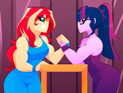 Size: 1032x774 | Tagged: safe, artist:xan-gelx, derpibooru import, sci-twi, sunset shimmer, twilight sparkle, human, equestria girls, commission, duo, duo female, female, image, jpeg, muscles, muscular female, sci-twi muscle, sunset lifter, twilight muscle