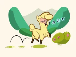 Size: 1663x1247 | Tagged: safe, artist:nottrevbe, derpibooru import, alpaca, them's fightin' herds, bush, community related, cute, eyes closed, female, hill, hopping, image, open mouth, paprika (tfh), paprikadorable, png, singing, smol, solo, trotting